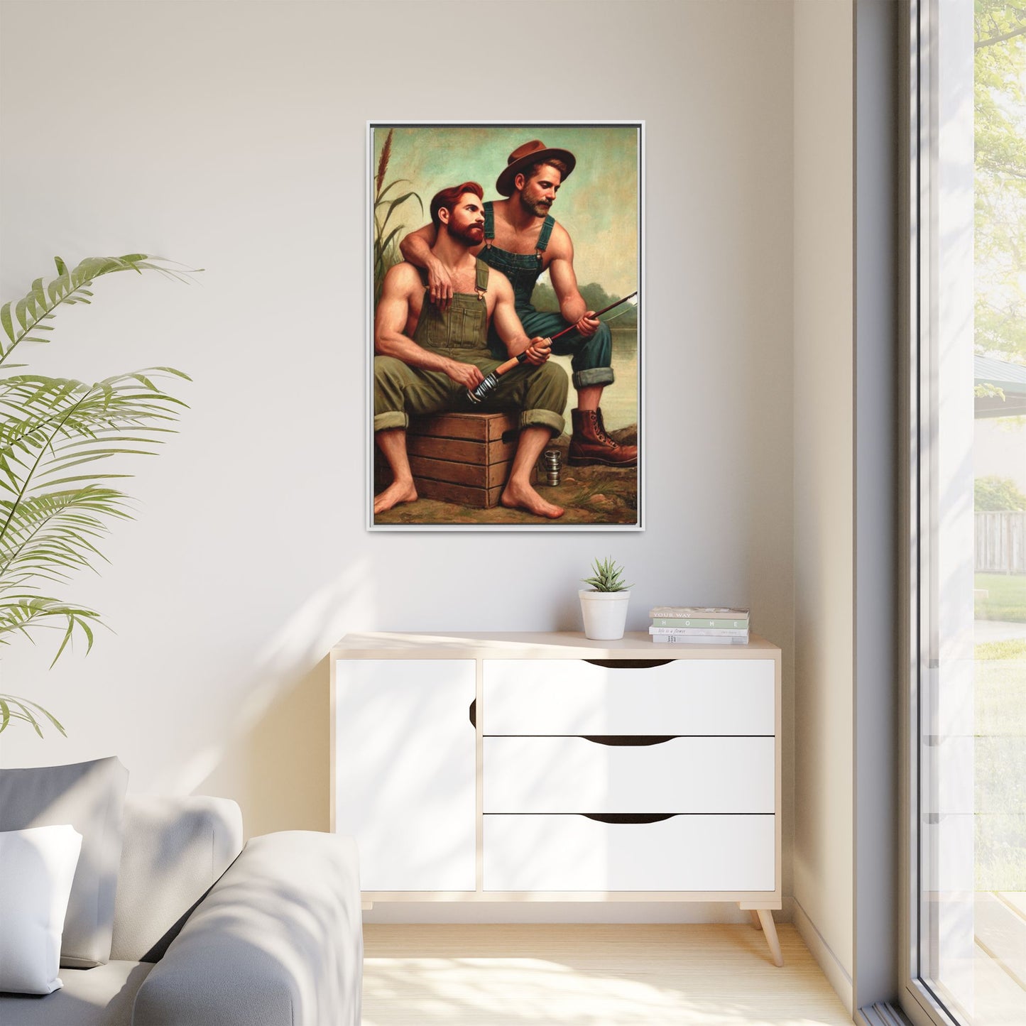 Vintage-style artwork of a gay couple fishing by a tranquil lake in the 1930s, celebrating love and nature.