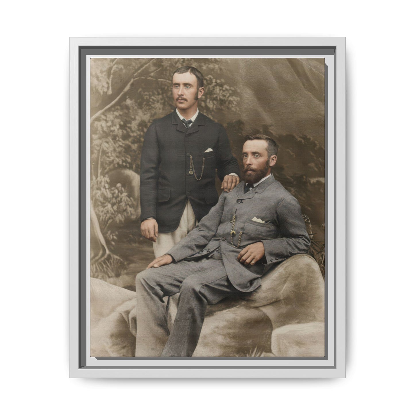 Historical companion portrait with tailored suits, pocket watch chains, and soft neutral tones
