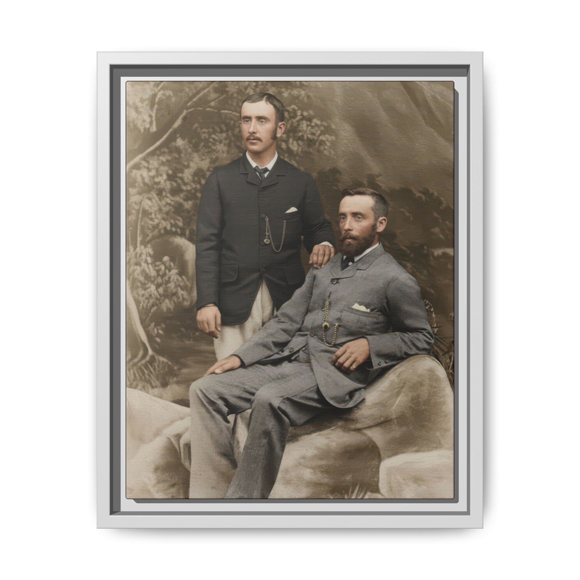 Historical companion portrait with tailored suits, pocket watch chains, and soft neutral tones