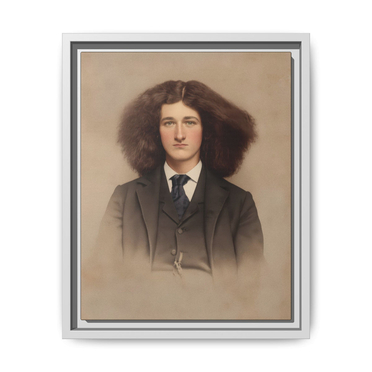 Colorized historical portrait with a direct gaze, formal dark suit, and softly faded lower edges, reproduced as framed matte canvas artwork.