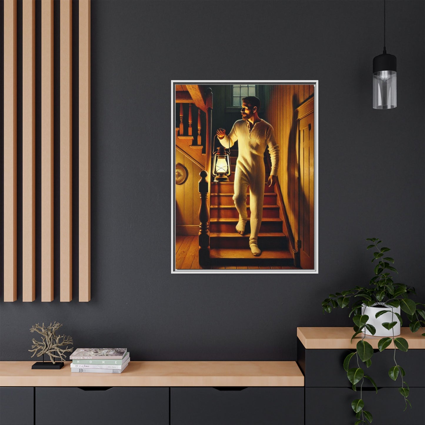 Atmospheric artwork of a man descending wooden stairs with a lantern, inspired by Grant Wood’s rural themes.