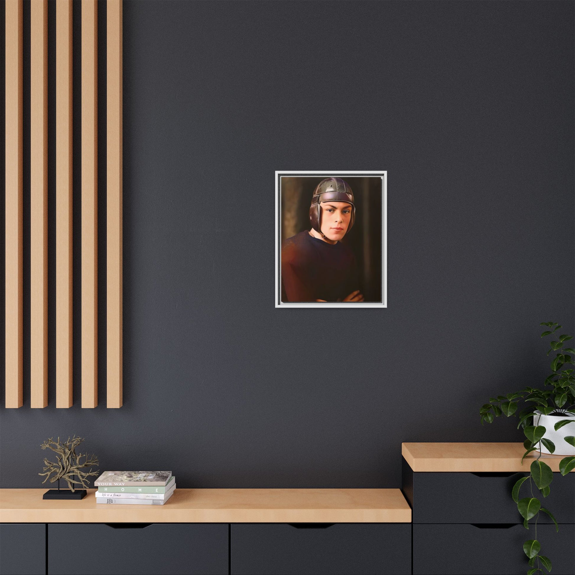 A vintage portrait of Andrew, a football player from Lincoln, Nebraska, in a classic leather helmet. This framed matte canvas print captures the grit and determination of early 20th-century sports, perfect for football fans and vintage art collectors.