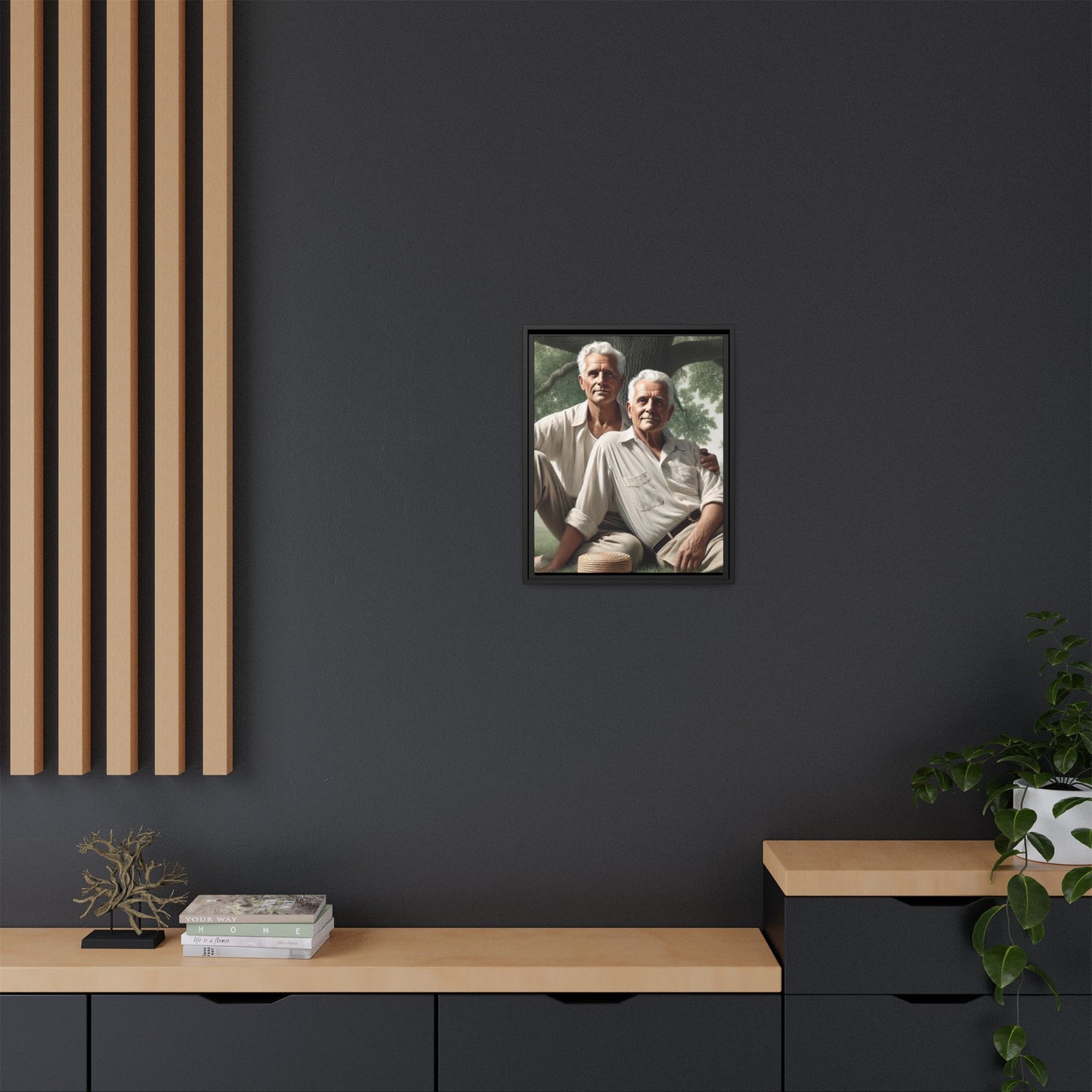 Hyper-realistic painting of an elderly gay couple in 1930s vintage attire under a leafy tree, celebrating love and resilience.