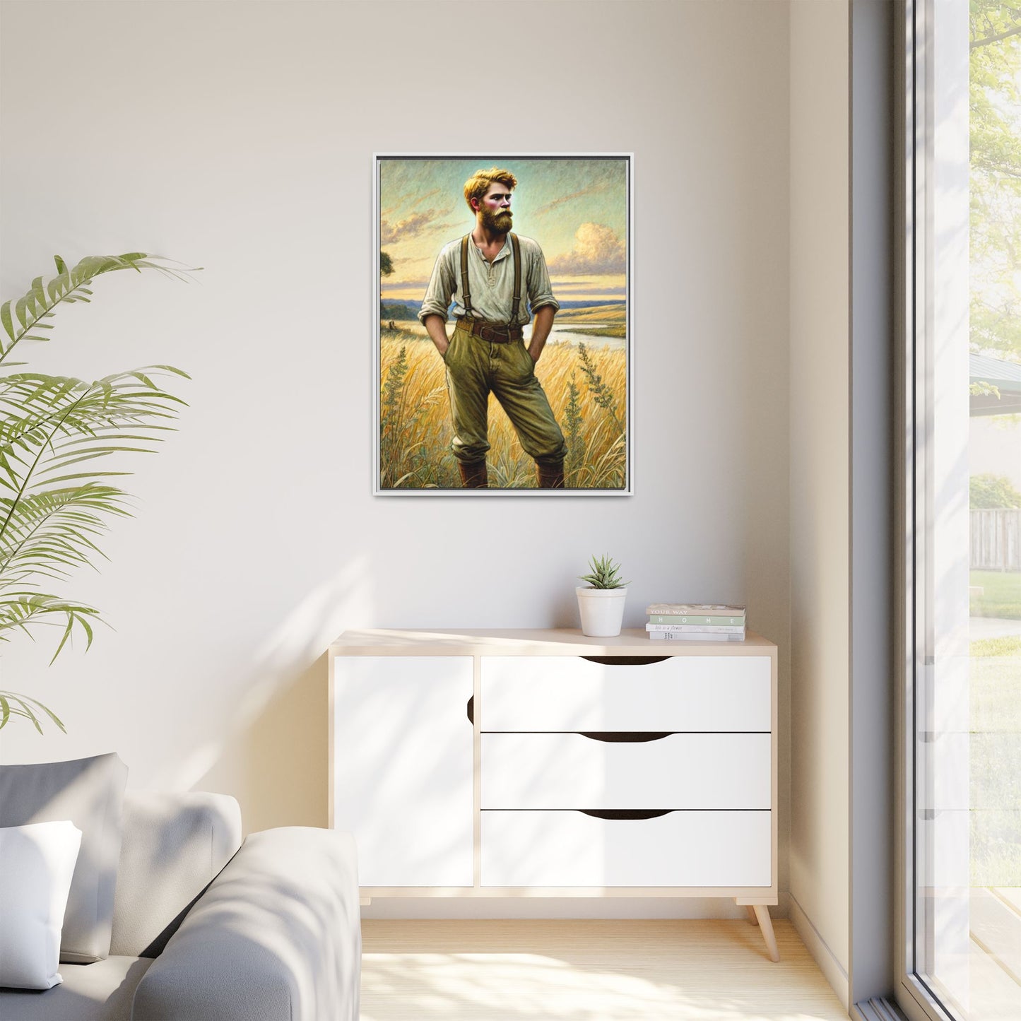 Framed artwork of a confident farmer in 19th-century attire, standing in a golden wheat field, inspired by Walt Whitman’s Song of Myself in Leaves of Grass.