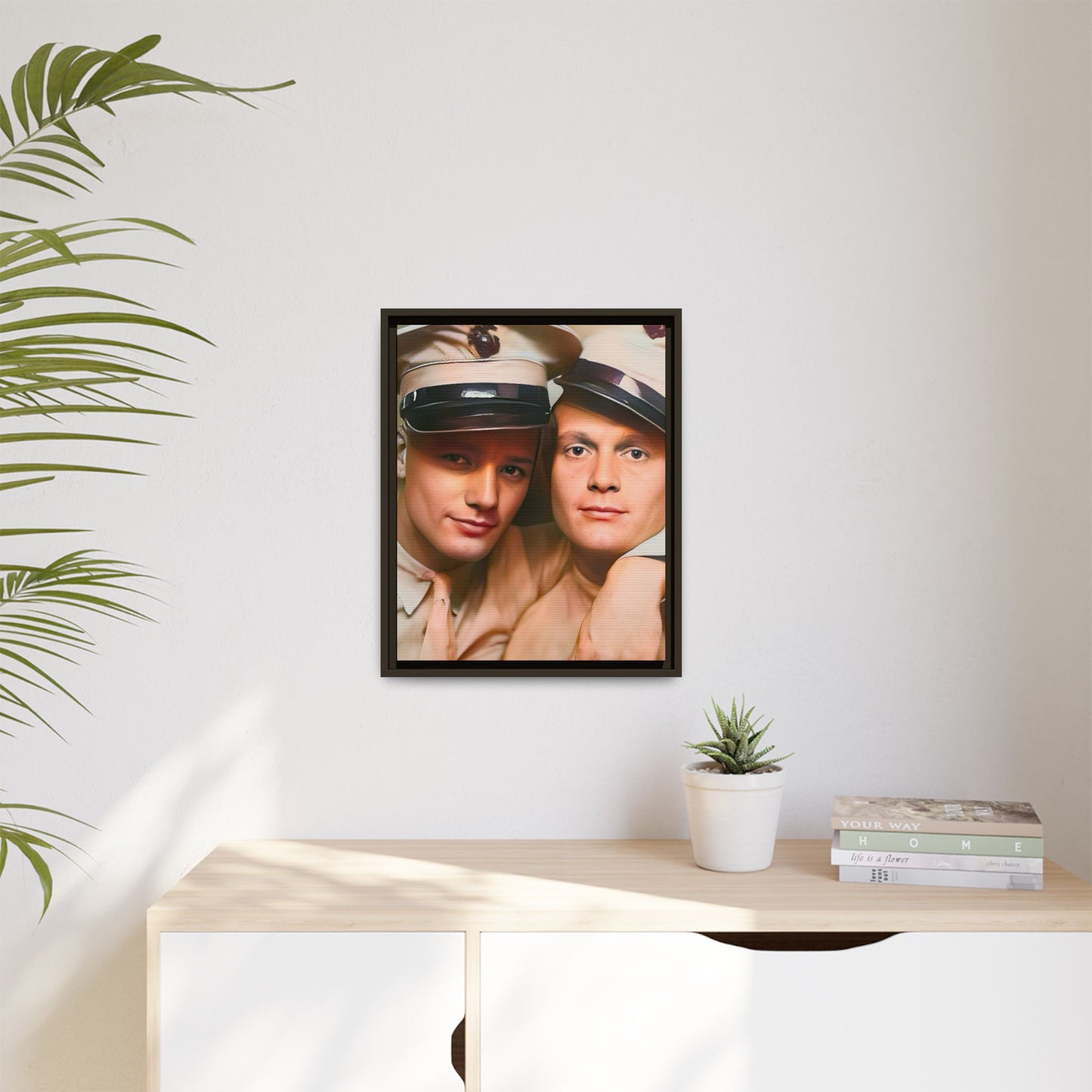 Restored vintage photograph of Paul and Ralph, an early 20th-century LGBTQ+ military couple from Camp Atterbury, Indiana. Framed matte canvas print celebrating love, courage, and LGBTQ+ history.