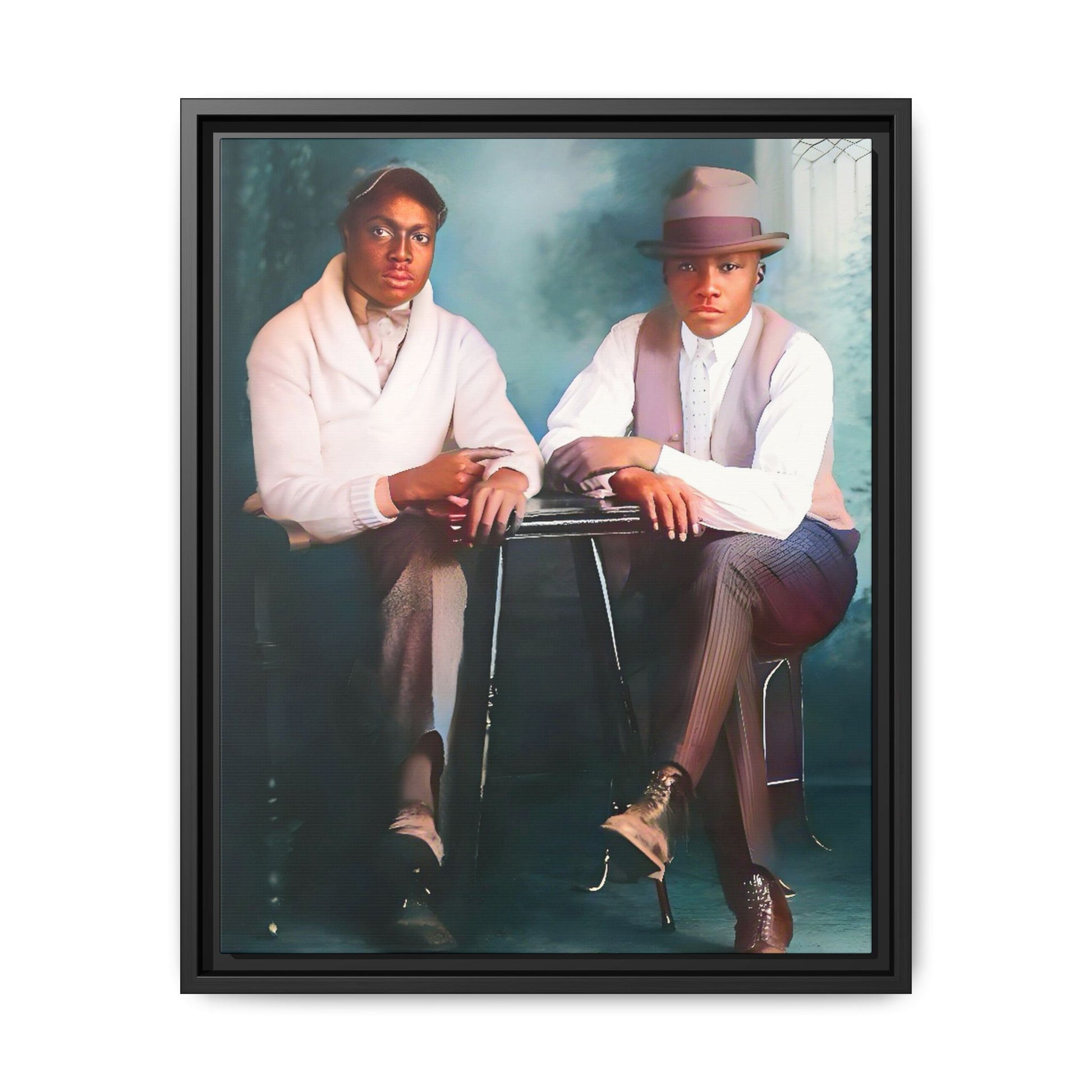 Restored vintage 1930s photo of Denzel & Jacob, African-American couple seated at a café in Little Rock AR, framed canvas art.