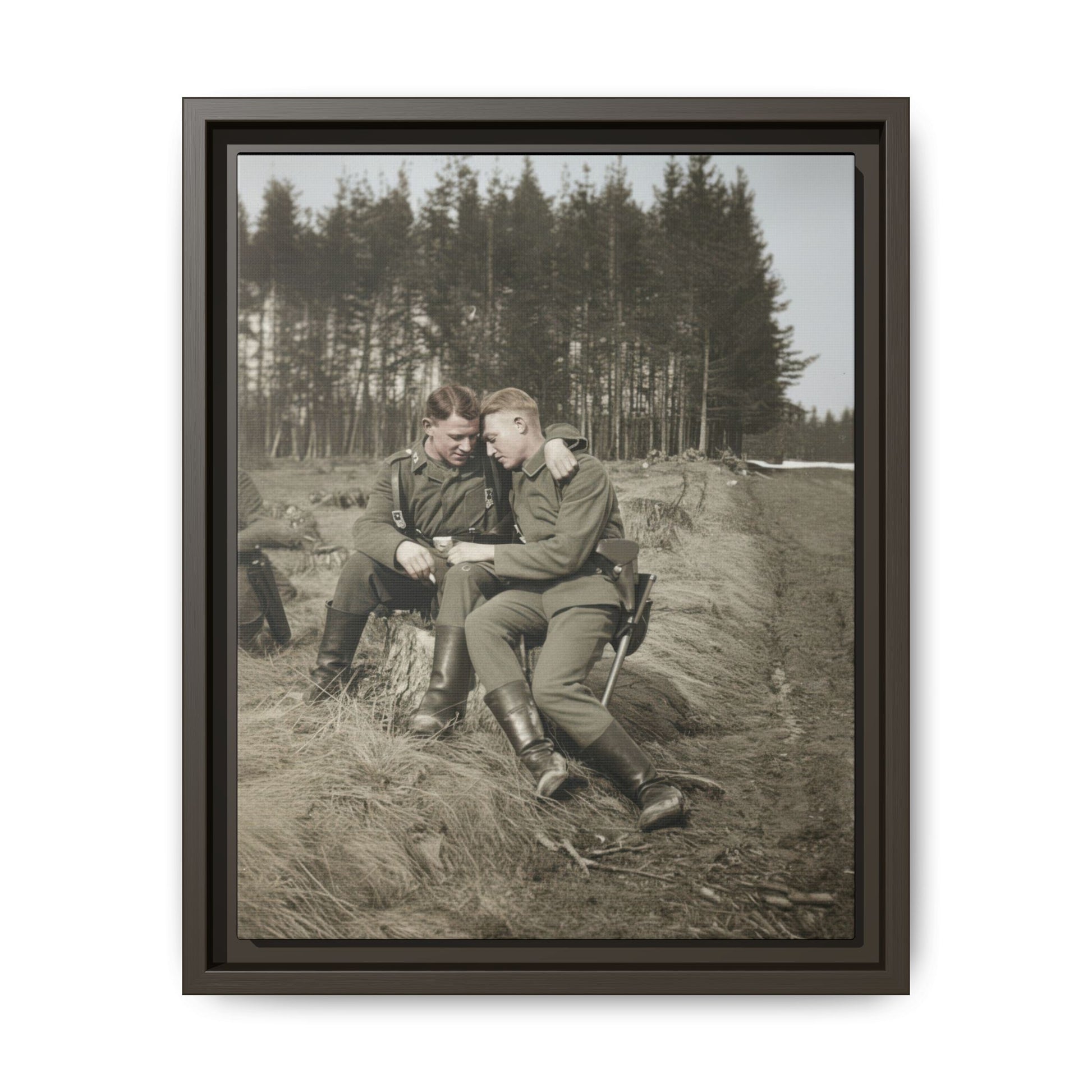 Historic outdoor portrait with two men in uniform reproduced as framed canvas wall art
