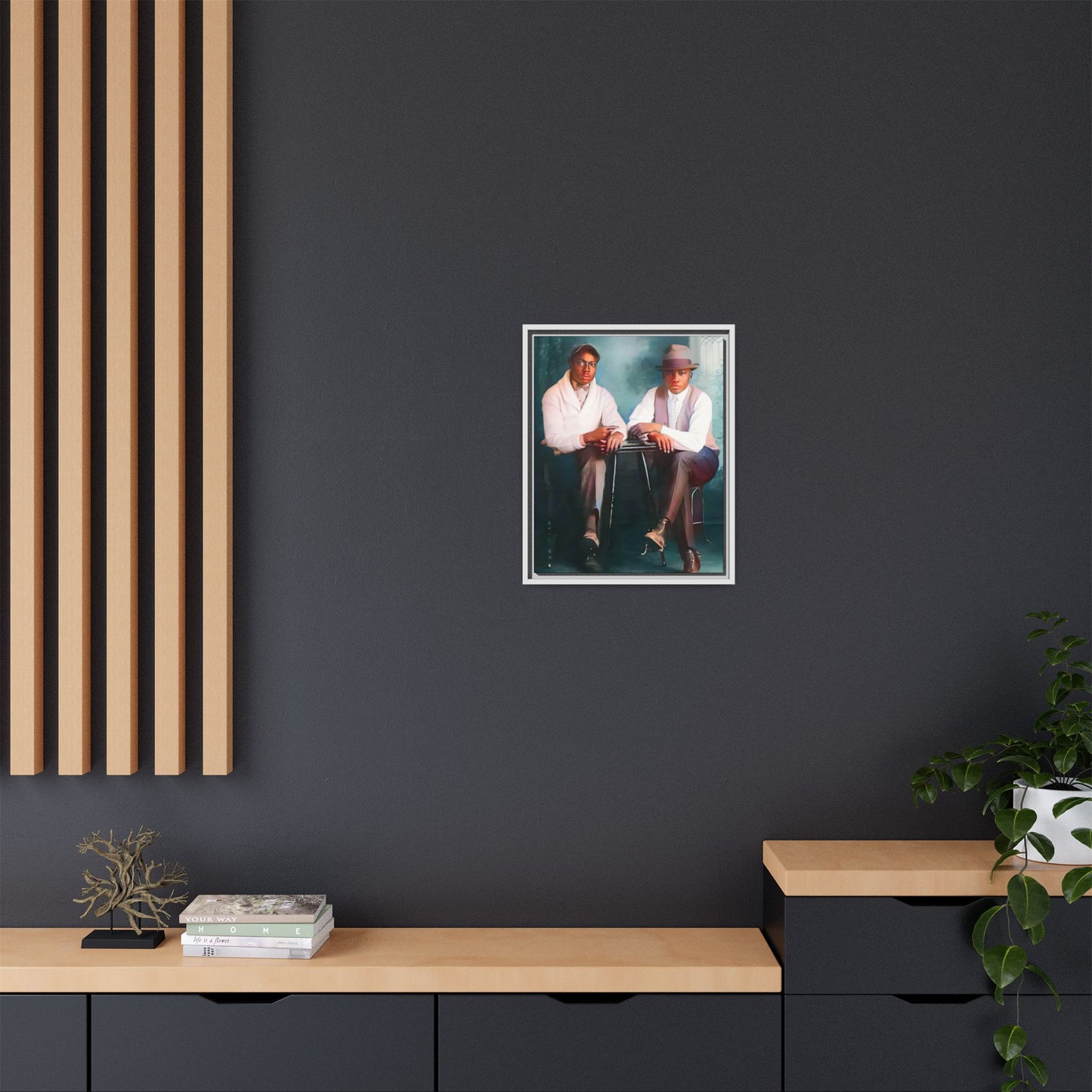 Restored vintage 1930s photo of Denzel & Jacob, African-American couple seated at a café in Little Rock AR, framed canvas art.