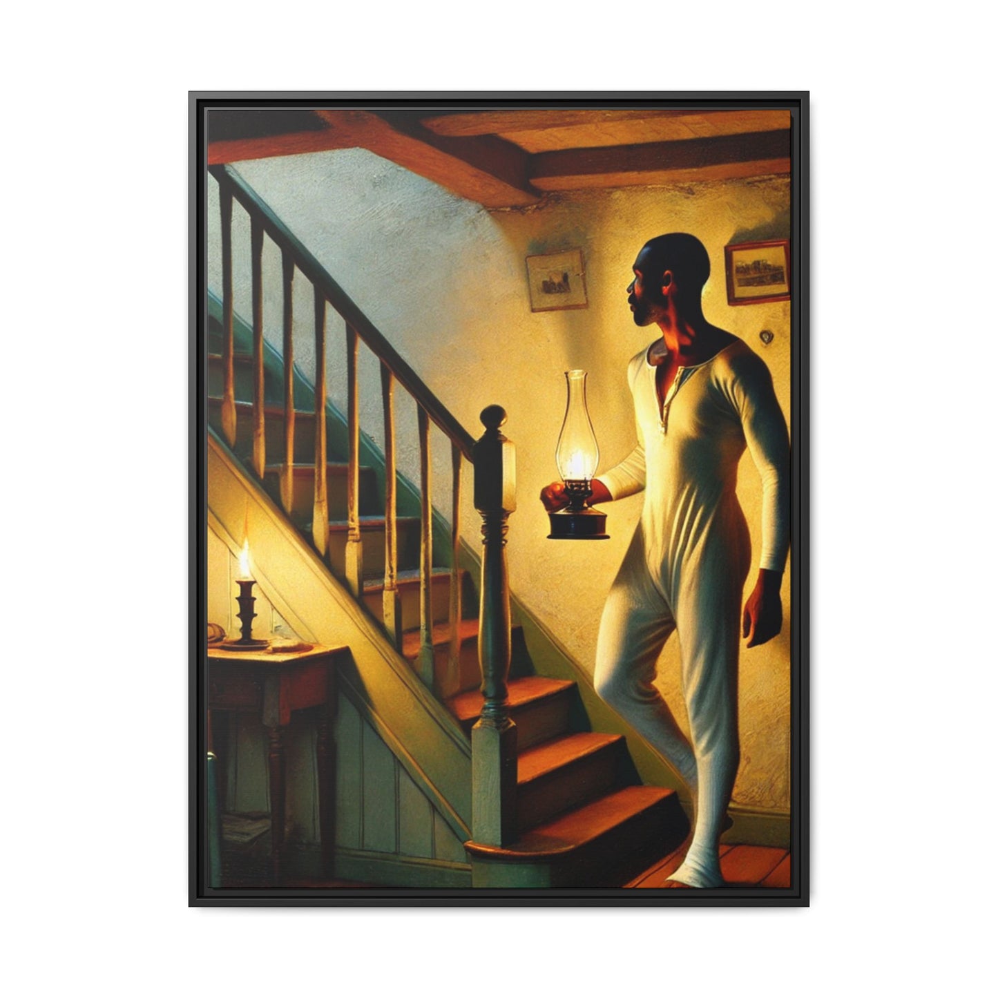 Framed artwork of an African-American man holding a lantern on a staircase, inspired by Grant Wood's style.