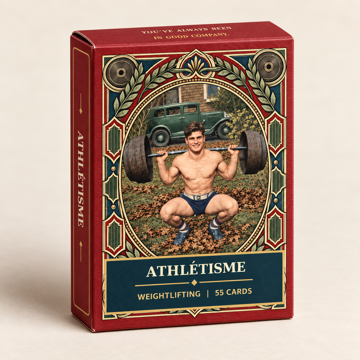 Athlétisme Original Weightlifting red tuck box beside an illustrated card face and the shared weightlifting card back.