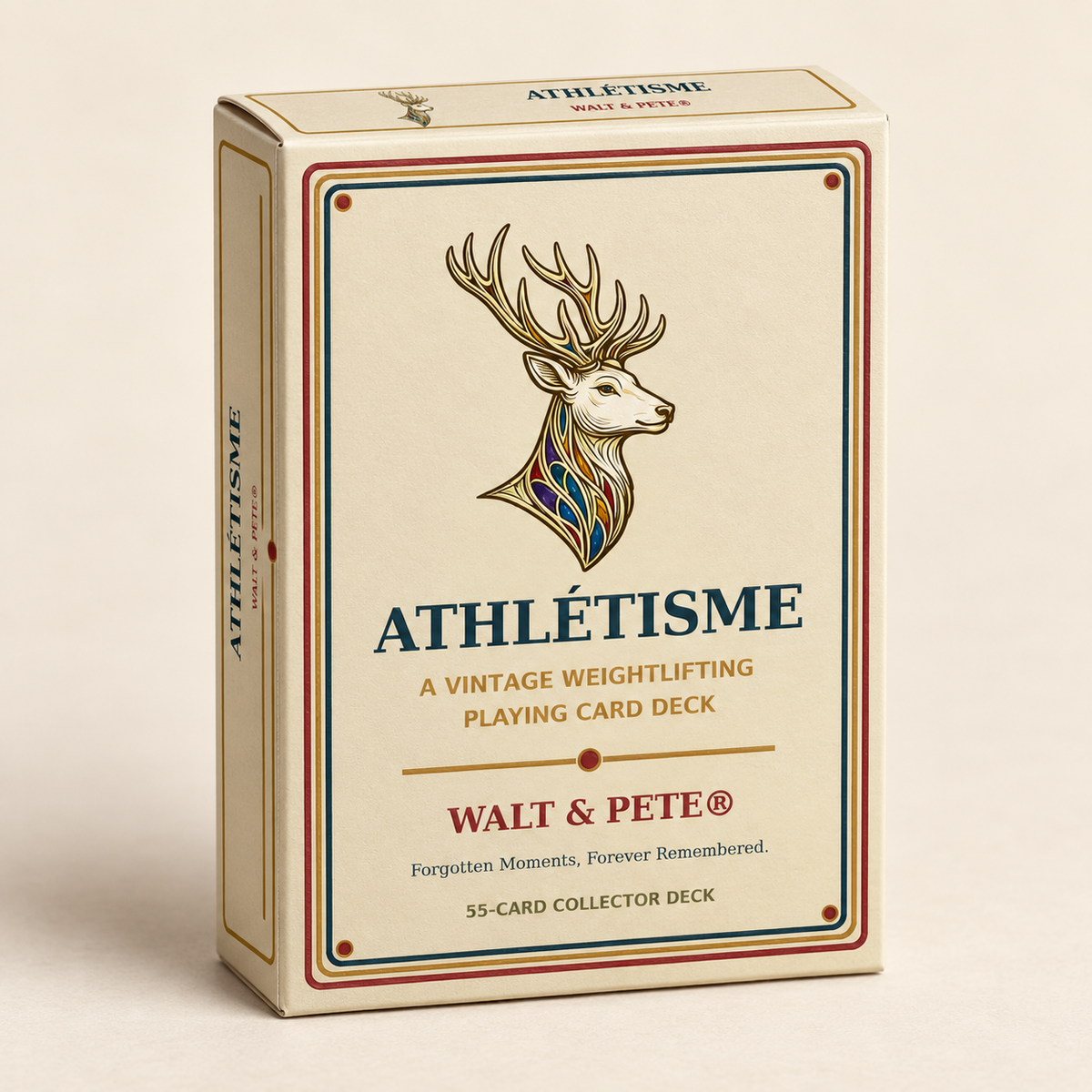 Athlétisme 55-card collector deck featuring vintage weightlifting artwork and custom tuck-box packaging
