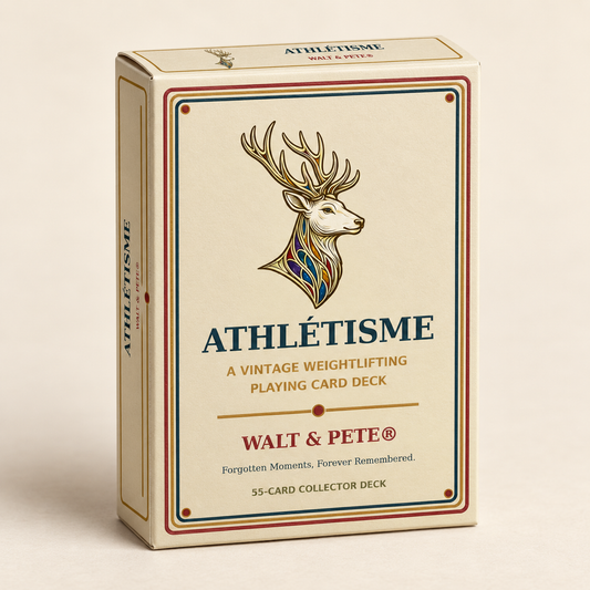 Athlétisme 55-card collector deck featuring vintage weightlifting artwork and custom tuck-box packaging