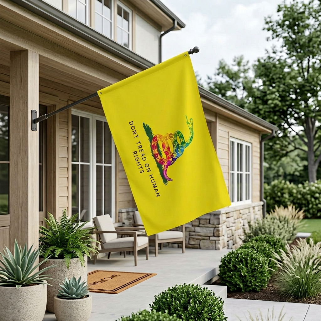 Human rights rainbow snake flag displayed on a front porch flagpole outside a modern home