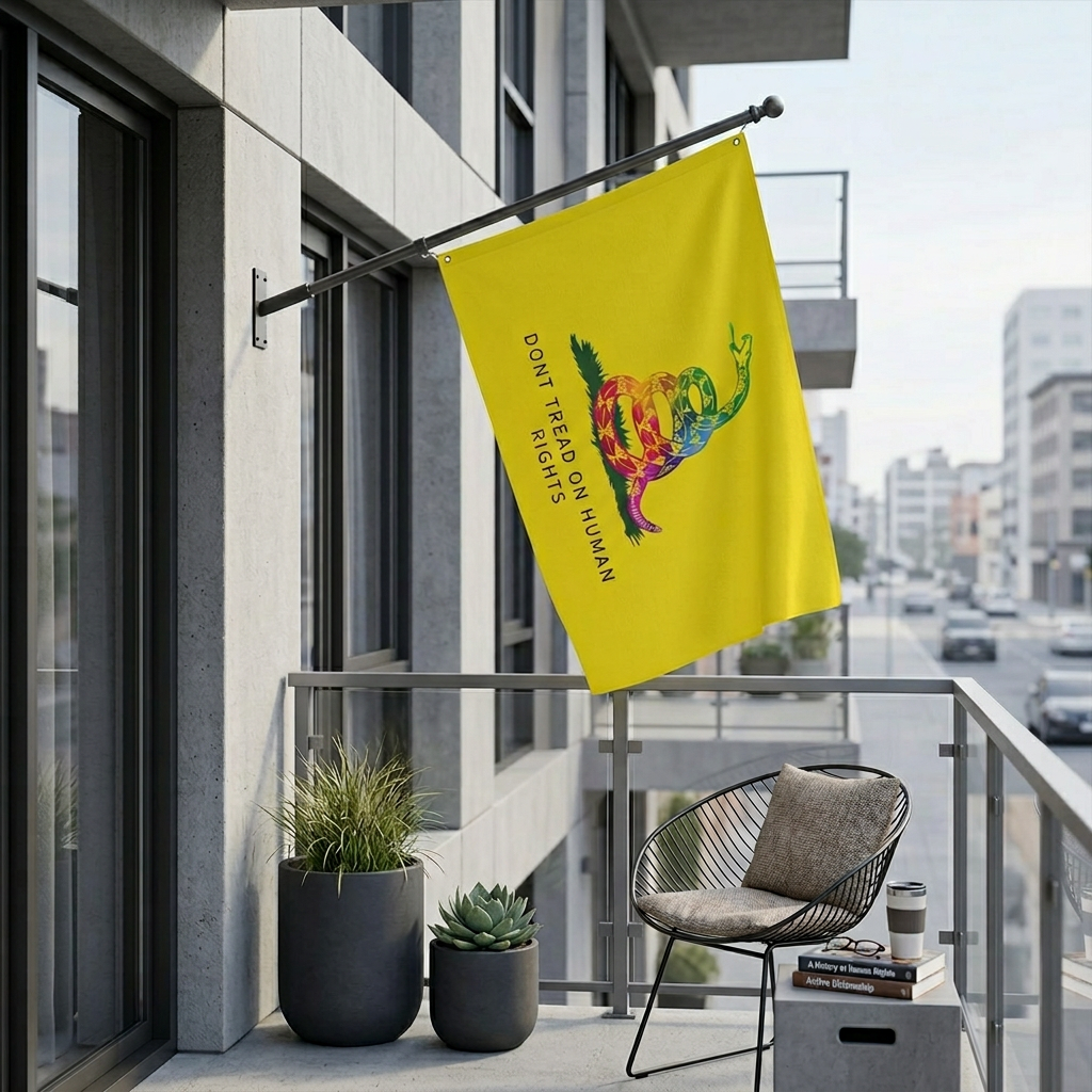 Double-sided human rights flag with rainbow coiled snake hanging from an urban apartment balcony