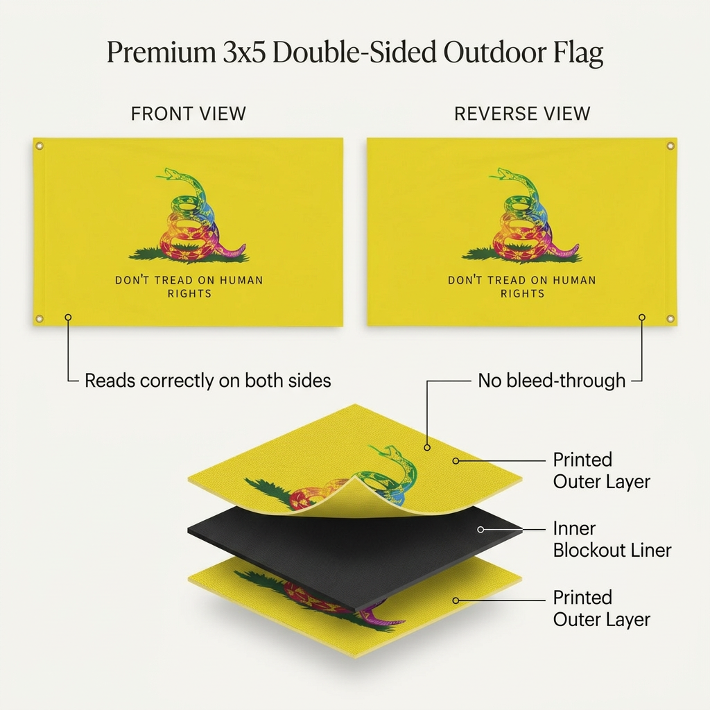 Human rights rainbow snake flag displayed on a front porch flagpole outside a modern home