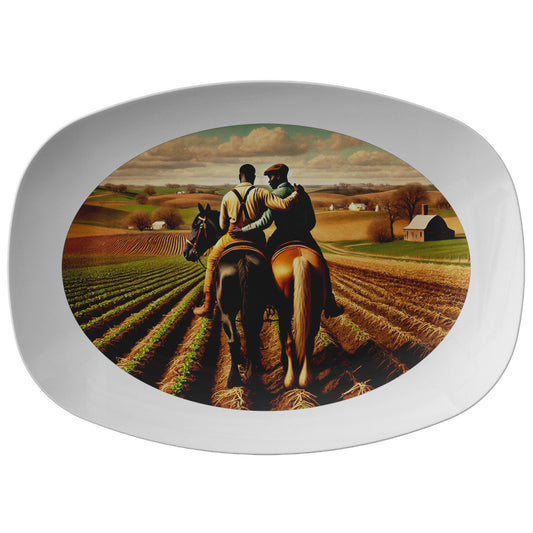 A beautifully crafted 10x14 serving platter featuring an illustration of two African American men on horseback in a serene Iowa farmland setting. This design symbolizes love, diversity, and rural life, making it perfect for decor or serving.