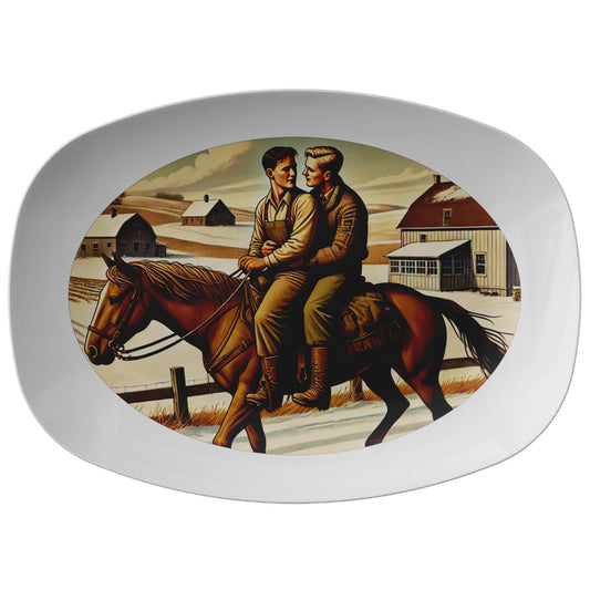 A beautifully designed 10x14 serving platter featuring a vintage-inspired illustration of two men on horseback in a serene snowy countryside, complete with rustic farmhouses and rolling hills. Perfect for serving, decor, or gifting. Grant Wood Tribute LGBTQ Gay Husband Boyfriend Gift