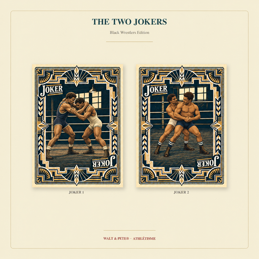 Two Black wrestler Jokers: a standing clinch in navy and cream singlets and a bare-chested rear waist hold in shorts.