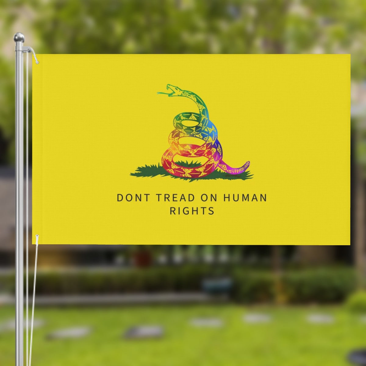 Rainbow “Don’t Tread on Human Rights” Flag – LGBTQ+ Gadsden Protest Banner | 3x5 Double-Sided
