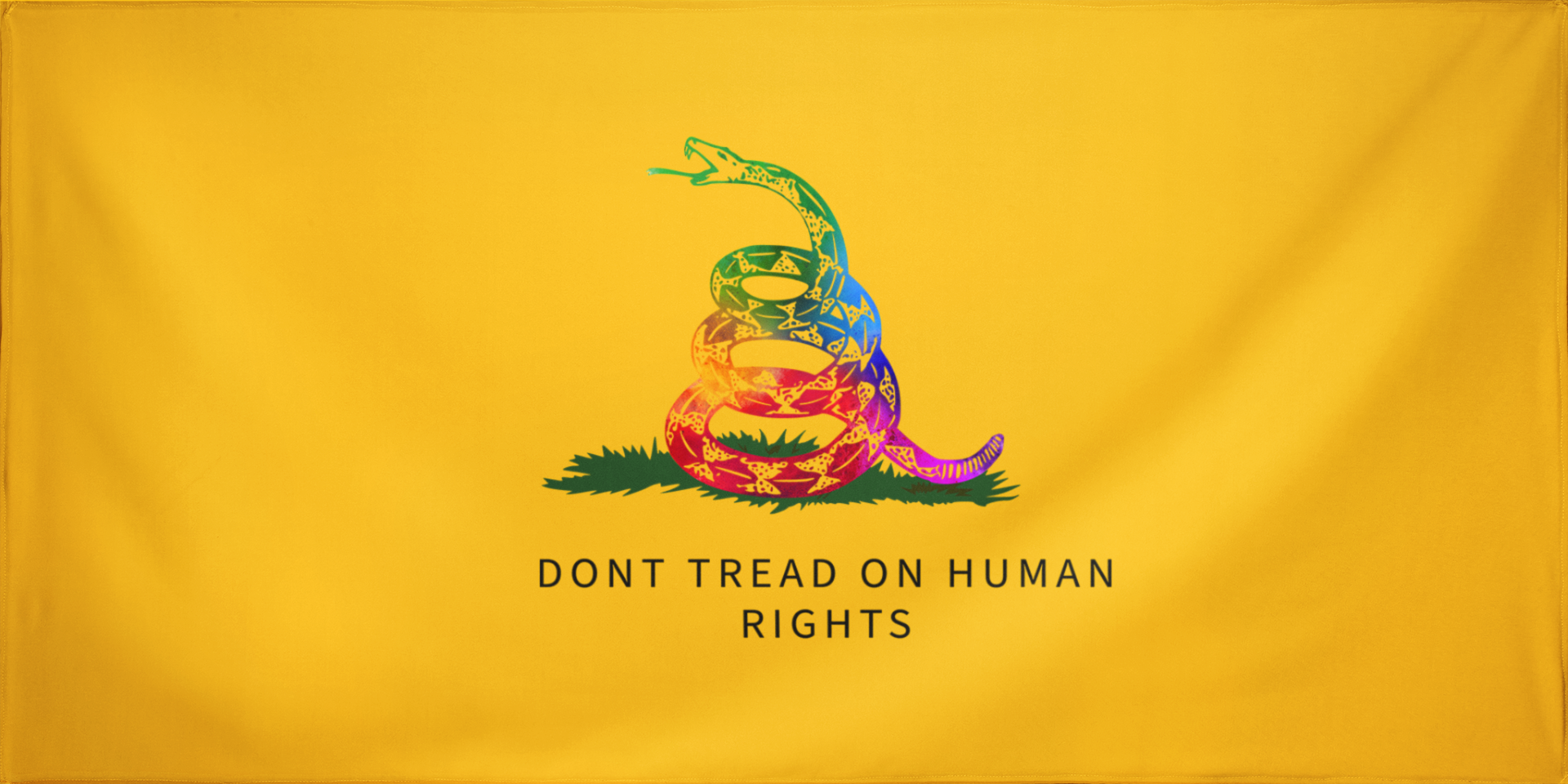 A vibrant reinterpretation of the Gadsden Flag featuring a coiled rainbow rattlesnake on a golden yellow background with the text "Don’t Tread on Human Rights," symbolizing inclusivity, equality, and justice. Don’t Tread on me. Gay Pride Flag