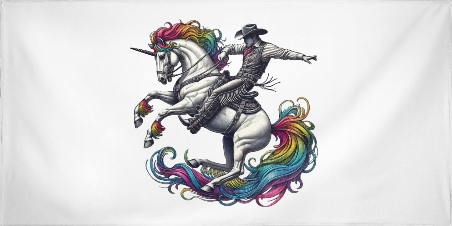 A bold Rainbow Riders flag featuring a cowboy riding a unicorn with a vibrant rainbow mane and tail, symbolizing diversity, unity, and inclusion. The design highlights school spirit and pride, perfect for events and advocacy. LGBTQ GAY Queer Flag